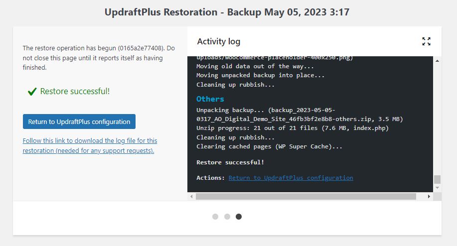 Successful WordPress backup restoral using Updraft Plus