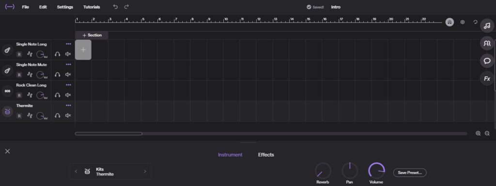 Setting up instruments in Soundtrap for alt-rock song creation