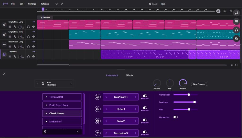 Thermite Kit drum track settings in Soundtrap with AI drummer