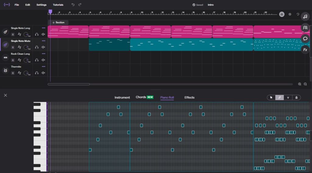 Piano Roll in Soundtrap for entering guitar and bass notes