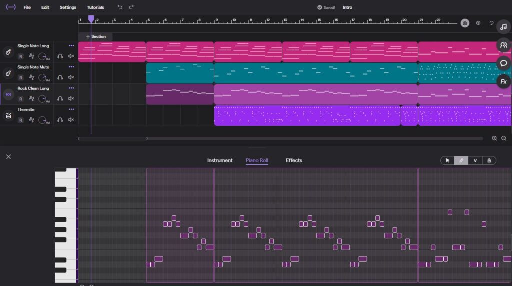 Final alt-rock track layout in Soundtrap with guitars, bass, and drums